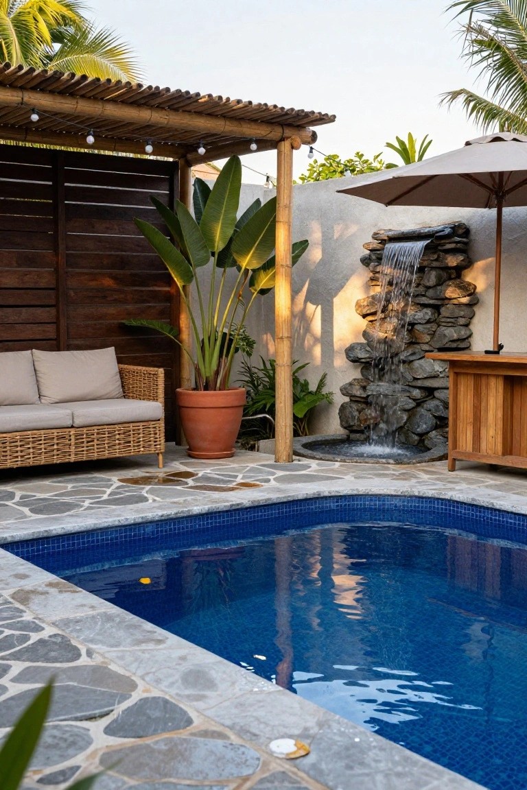 Small rectangular blue mosaic-tiled pool surrounded by irregular gray stone deck tiles, featuring a wooden bar counter, adjacent rock waterfall into a basin, rattan loveseat, large potted plants, bamboo pergola with string lights, and beige umbrella in a tropical outdoor setting.