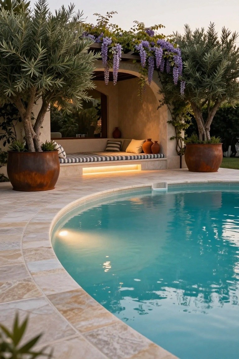 Curved turquoise pool with beige stone decking edged by a recessed built-in bench under an arched structure draped in purple wisteria, flanked by olive trees in large rust-colored pots.