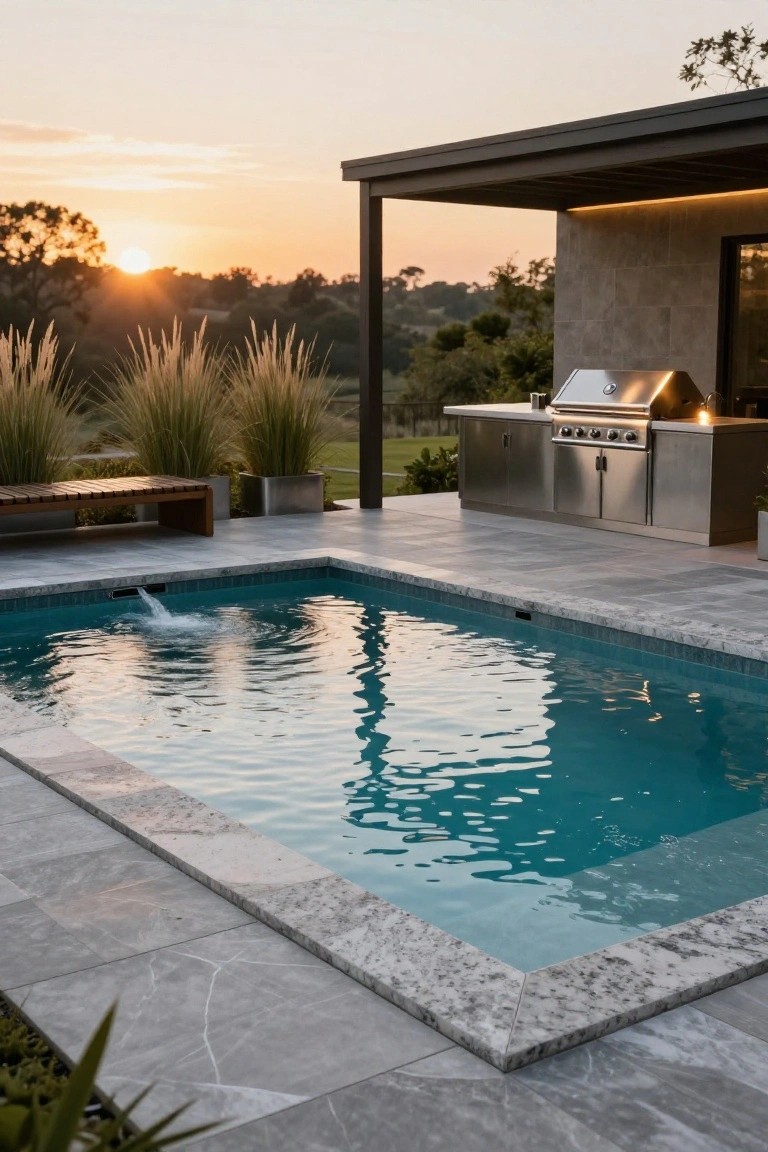 Rectangular turquoise pool with water spilling from an inlet, surrounded by light gray veined tile decking extending to a stainless steel built-in outdoor kitchen under a covered patio structure, pampas grass plants, wooden bench, and sunset background.