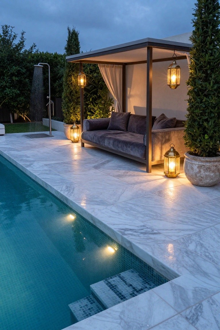 Dusk view of a pool deck with marble tiles, a metal-framed cabana sheltering a gray velvet sofa, multiple brass lanterns providing warm light, an outdoor shower, tall hedges, and illuminated pool edge with mosaic steps.