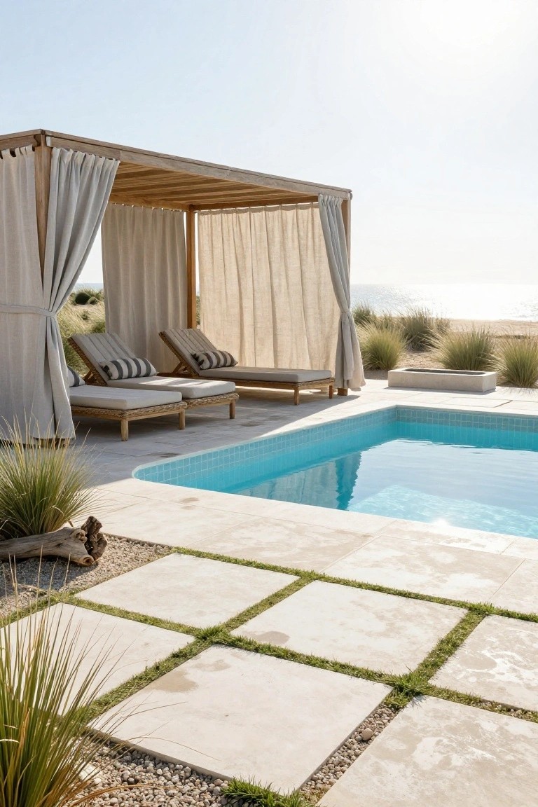 Wooden pergola with beige draped curtains shading two rattan loungers next to a small turquoise-tiled pool on a light stone deck with grass inlays and beach grass nearby.