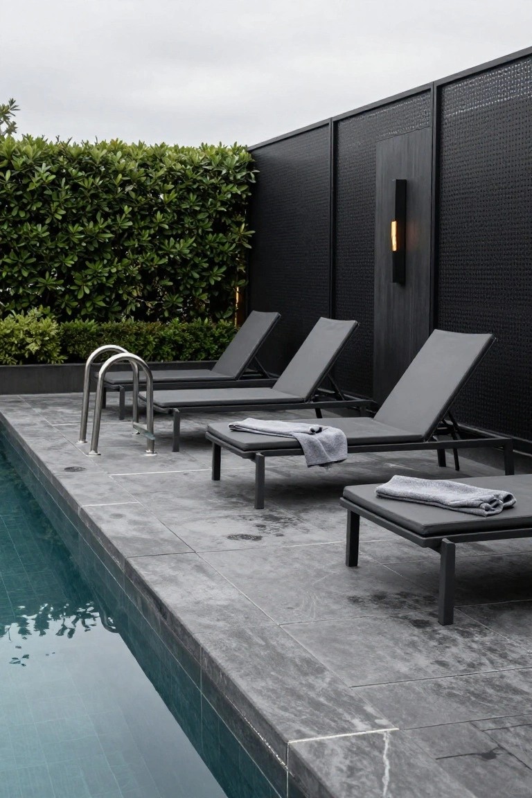 Rooftop pool deck with three gray loungers positioned beside a turquoise-tiled pool, enclosed by tall black perforated metal fencing and green hedges, under an overcast sky.