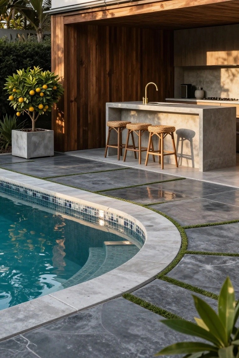 Outdoor kitchen bar with concrete countertop, rattan stools, and wood cladding next to a curved turquoise pool edged in mosaic tiles and dark concrete decking with grass strips between pavers.