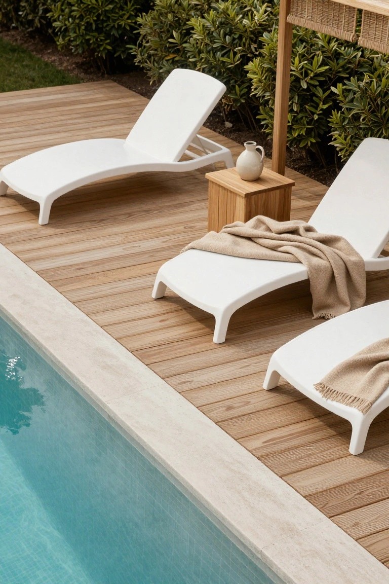 White adjustable loungers with beige throws on a wooden deck beside a turquoise-tiled pool edge, including a wooden side table with a white vase and a woven bamboo shade structure.
