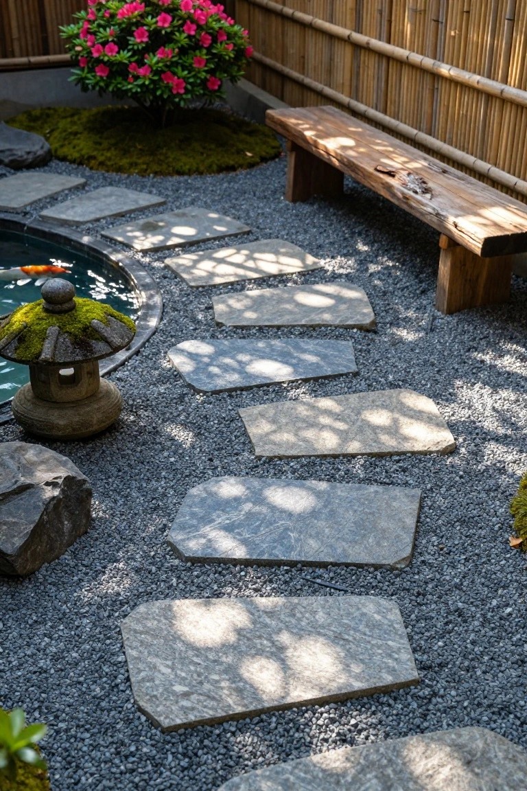 Japanese garden with circular koi pond containing orange and white fish, moss-covered stone lantern, irregular gray stepping stones in gray gravel ground cover leading to wooden bench, pink azalea bush, rocks, moss patches, and bamboo fence.