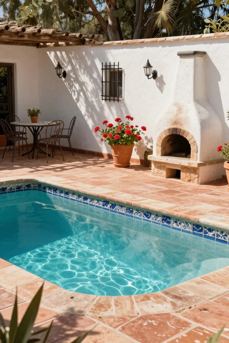 Small turquoise pool with blue tile edging surrounded by terracotta tiled deck, white stucco walls, wood-fired oven, potted red geraniums, and metal bistro table with chairs in a sunny courtyard.
