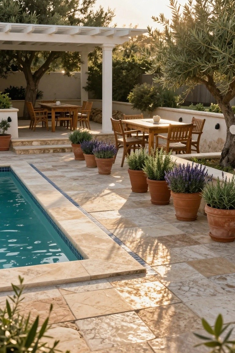 Pool deck with turquoise water edged in beige stone tiles and a row of large terracotta pots filled with lavender and rosemary plants, wooden dining tables and chairs under a white pergola nearby, olive trees and walls in the background.