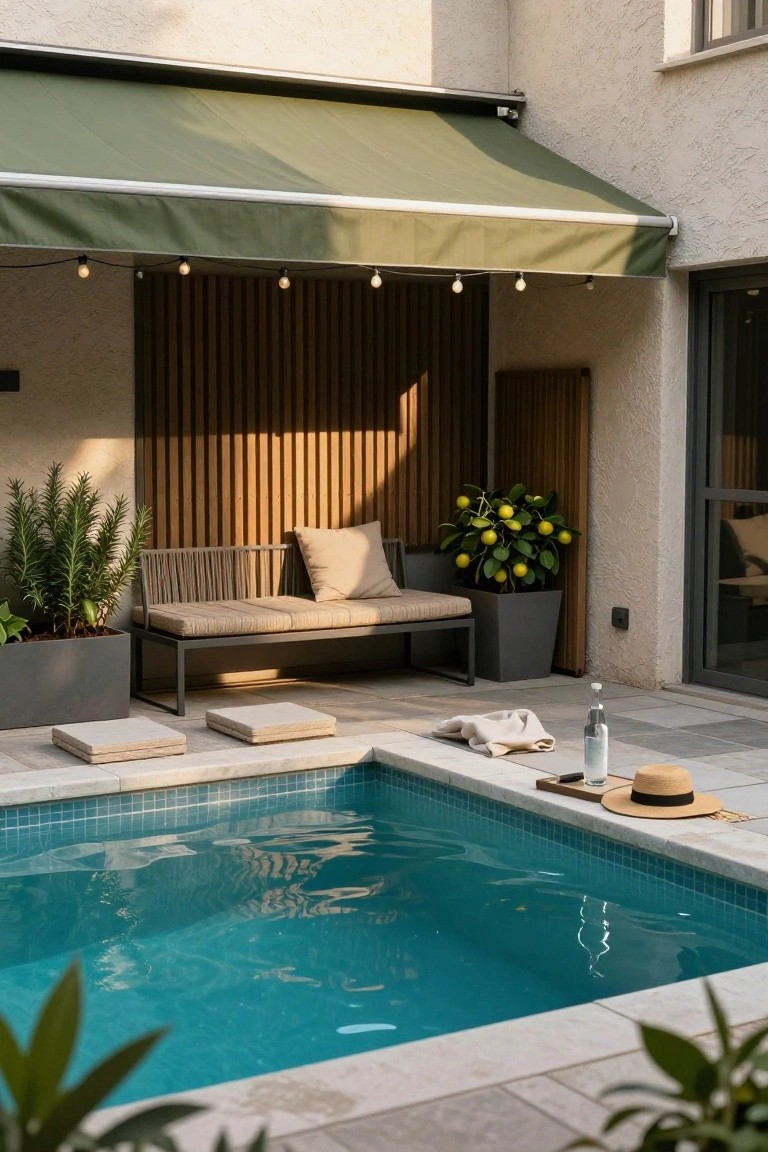 Small above ground pool with turquoise water edged in tile, green fabric awning overhead, rattan bench with cushions nearby, potted plants, and towels with a hat and bottle on the deck.