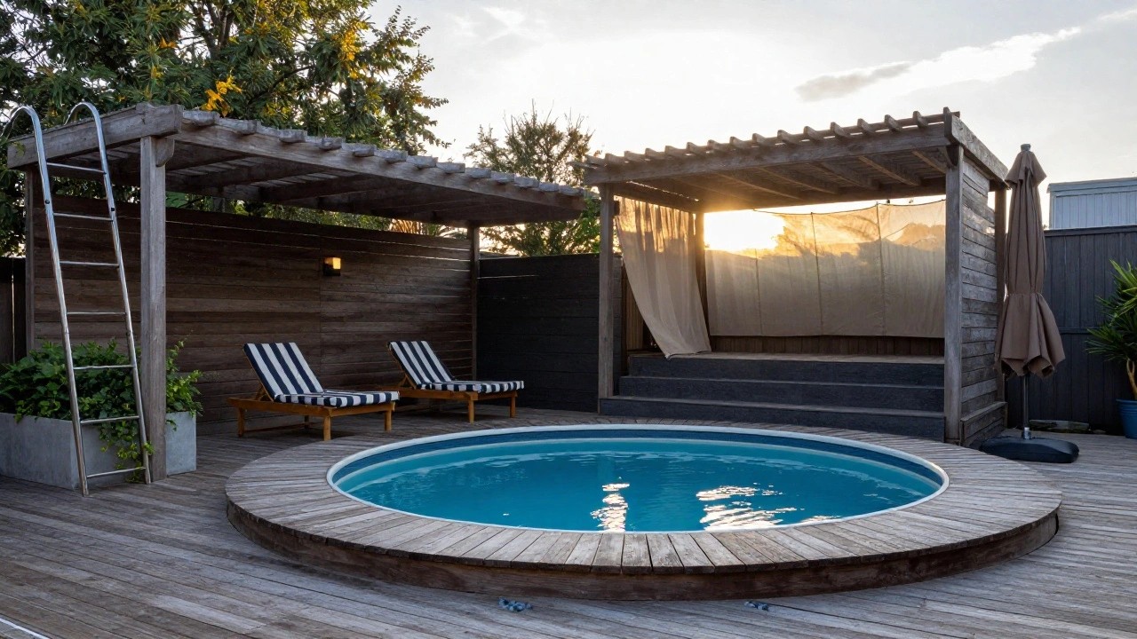 Round turquoise above-ground pool edged with wooden decking and pebbles, next to a wooden pergola sheltering two striped lounge chairs on a raised platform, surrounded by tropical plants and grass at sunset.