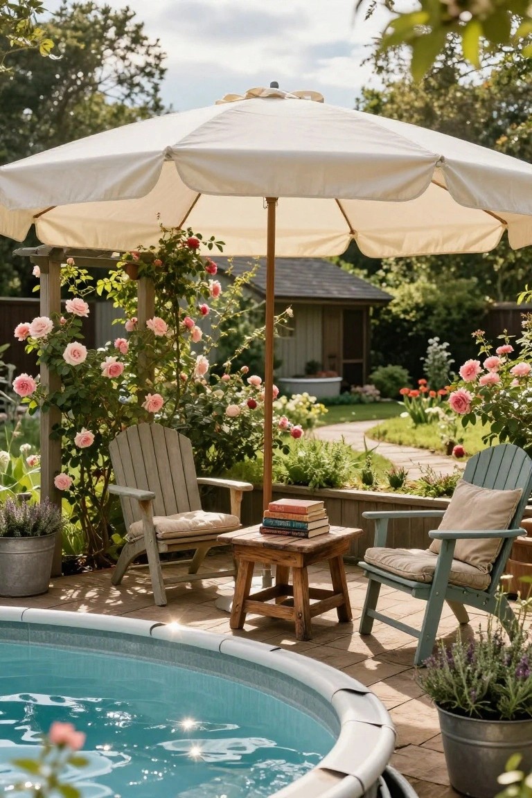 Two cushioned Adirondack chairs and wooden side table under large white umbrella next to round above-ground pool with turquoise water, surrounded by rose bushes on pergola and potted plants on patio.