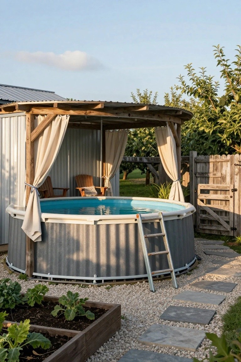 Above-ground pool enclosed by a wooden pergola with beige curtains on three sides, two Adirondack chairs inside under the roof, gravel ground with stone path, raised vegetable beds nearby, and apple trees and wooden gate in the background.