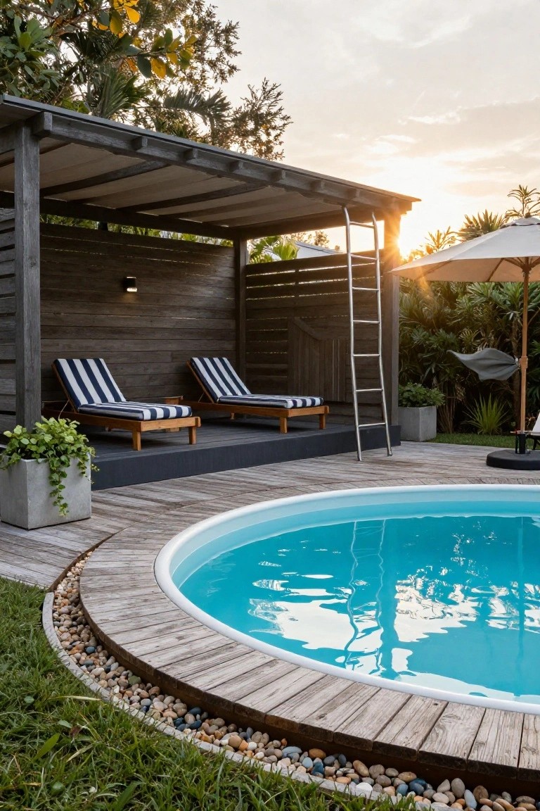 Round turquoise above-ground pool edged with wooden decking and pebbles, next to a wooden pergola sheltering two striped lounge chairs on a raised platform, surrounded by tropical plants and grass at sunset.