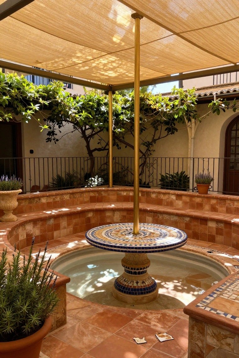 Outdoor patio with curved terracotta benches surrounding a central mosaic-tiled fountain pool containing water, shaded by a beige fabric canopy supported by a golden pole, with potted plants, vines, and trees nearby.