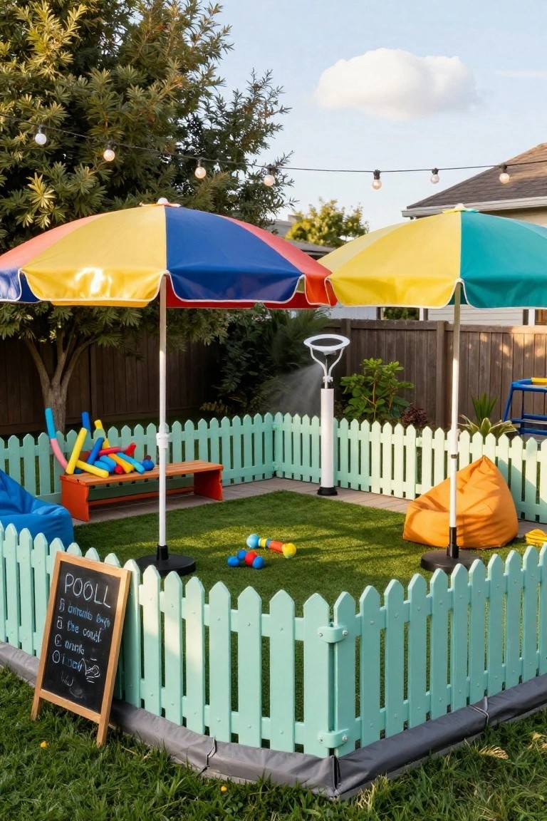 Backyard above-ground pool area with light green picket fence around artificial grass, shaded by two large colorful umbrellas, including pool toys, bean bag chairs, and a chalkboard sign.