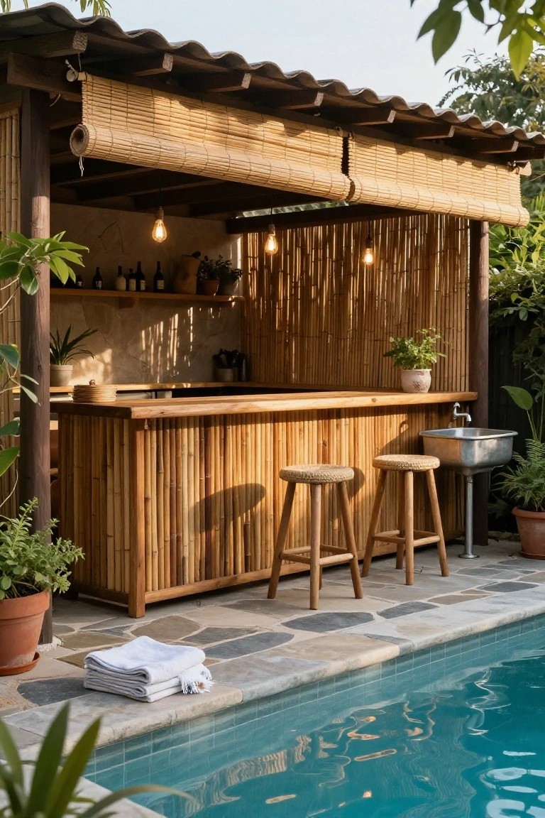 Wooden bamboo bar with stools, sink, and plants positioned next to an above-ground pool edge, under a slatted roof with hanging reed screens.