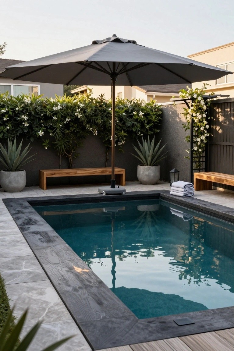 Small turquoise in-ground pool with black edging and wood decking, shaded by a large gray cantilever umbrella positioned over teak benches, with potted agave plants and green hedges nearby.