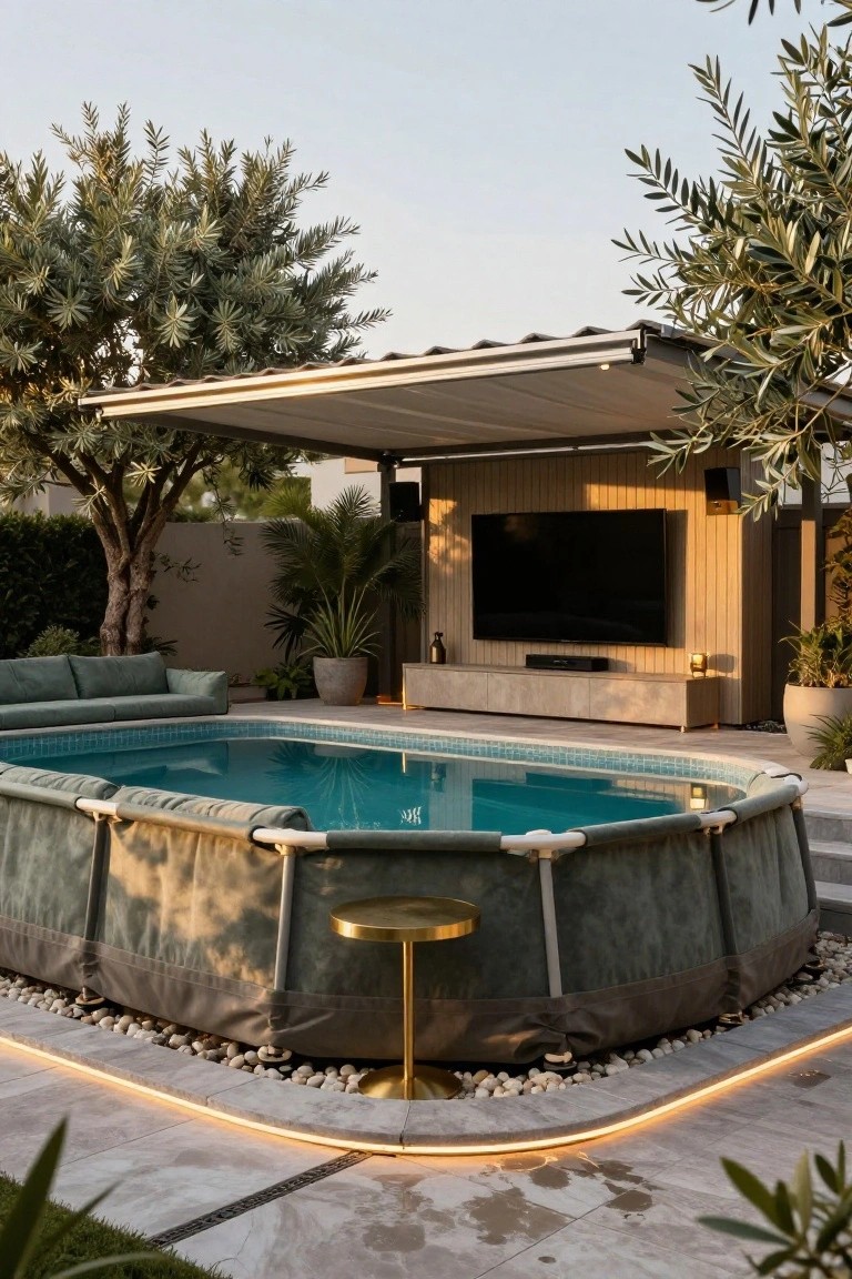 Above-ground pool with blue tiled liner and gray fabric walls in a backyard, next to a shaded lounge area under a retractable awning with wooden paneling, large TV, green sofa, gold side table, potted plants, olive trees, and LED strip lighting along the patio edge.
