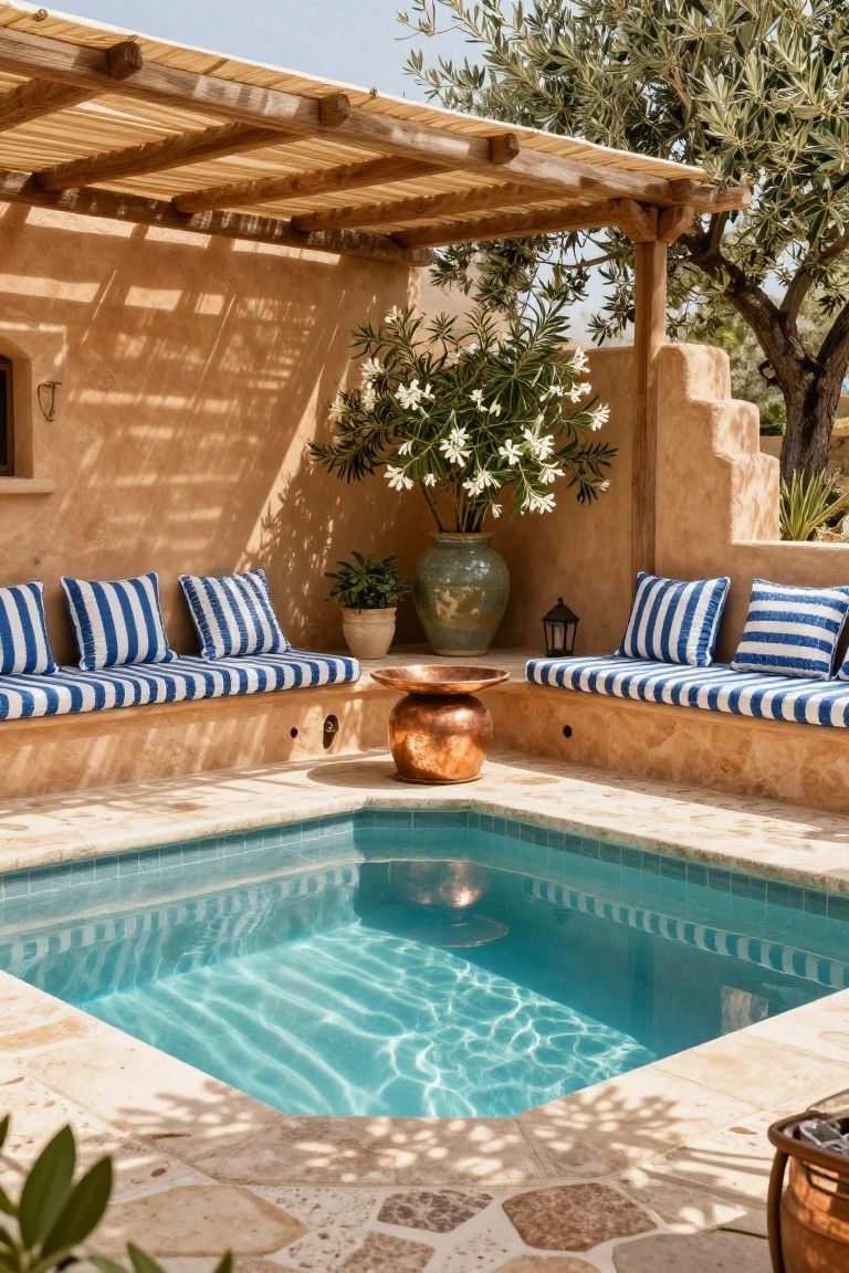 Small square turquoise-tiled pool with built-in beige benches covered in blue striped cushions, under a wooden pergola with beige reed roofing, set against tan adobe walls with potted plants and an olive tree.