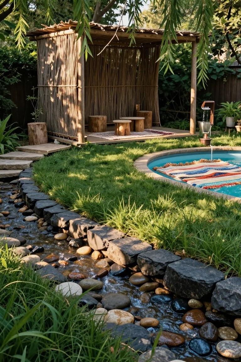 Above-ground round blue hot tub under a rustic bamboo pergola with white curtains, surrounded by tall grasses, rocks, stone steps, wooden stumps, and a small flowing stream in a garden setting.