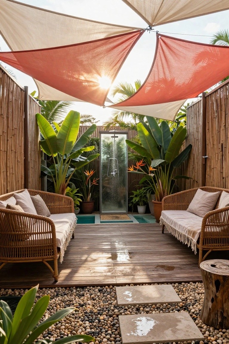 Outdoor deck with turquoise above-ground pool, rattan loungers, glass shower enclosure, tropical plants, bamboo walls, pebble ground cover, tree stump stool, and overhead red and beige shade sails in sunlight.