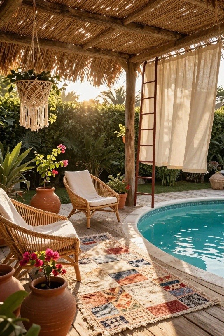 Outdoor deck under a thatched roof pergola with two rattan chairs, potted plants, and a colorful rug next to a round turquoise above-ground pool.