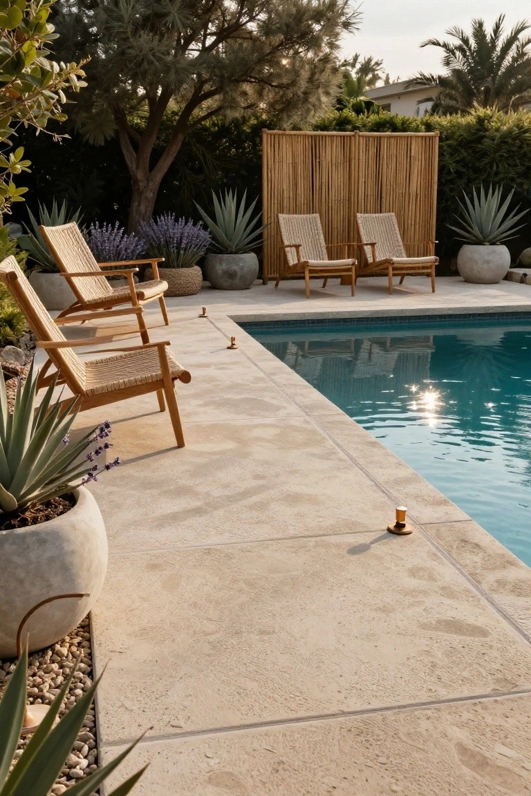 19 Smart Pool Deck on a Budget Ideas That Look Expensive Pool deck edged with beige stone tiles, featuring woven rattan lounge chairs, bamboo privacy panels, potted agave and lavender plants, and a turquoise swimming pool.
