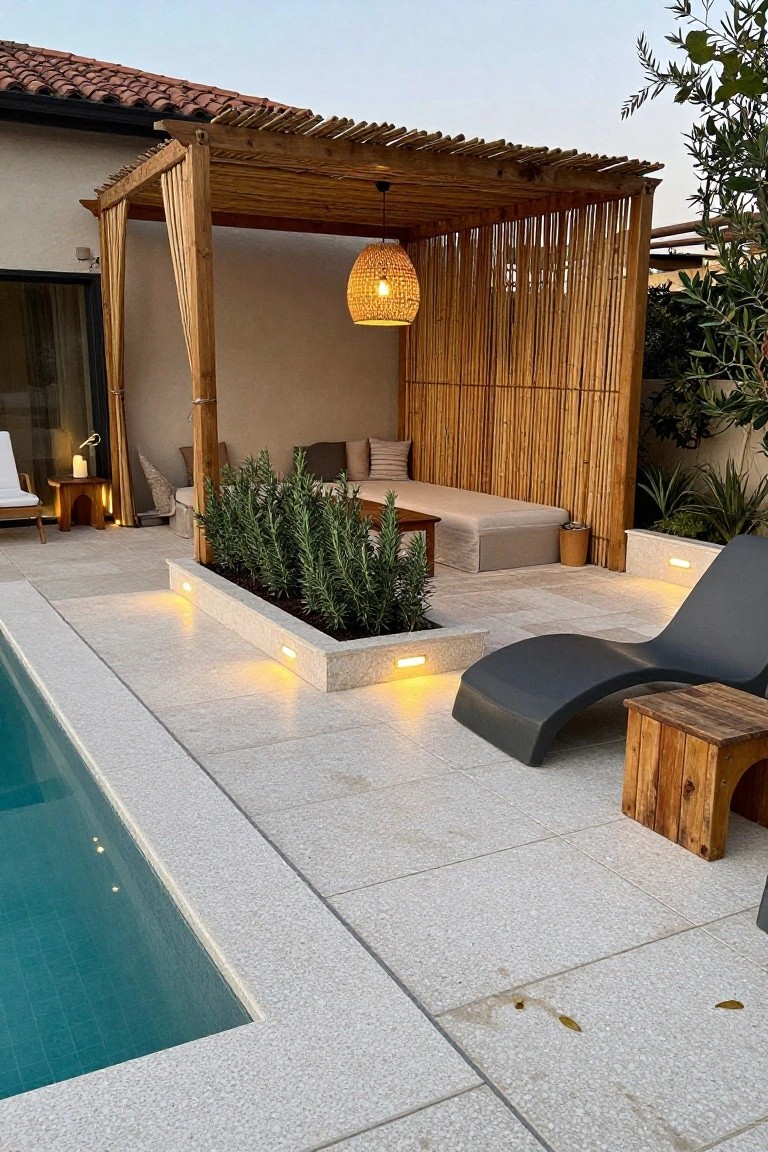 19 Smart Pool Deck on a Budget Ideas That Look Expensive Pool deck area with bamboo pergola and screens enclosing cushioned bench seating, rosemary planter, lounge chair, side tables, and low lights next to turquoise pool and beige house exterior.