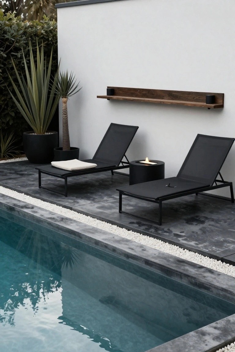 19 Smart Pool Deck on a Budget Ideas That Look Expensive Pool deck with two black mesh loungers, one with a white towel, a black cylindrical fire bowl with flame, potted plants, wooden wall shelf with black speaker, dark tiled floor, white pebble border, and turquoise pool water.