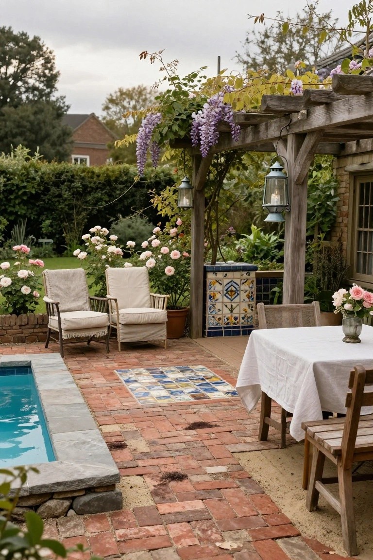 19 Smart Pool Deck on a Budget Ideas That Look Expensive Pool deck with red brick pavers surrounding a small in-ground pool, featuring a square blue and yellow tiled panel, wooden pergola draped in purple wisteria, beige armchairs, wooden dining table with white tablecloth, potted plants, and pink rose bushes.