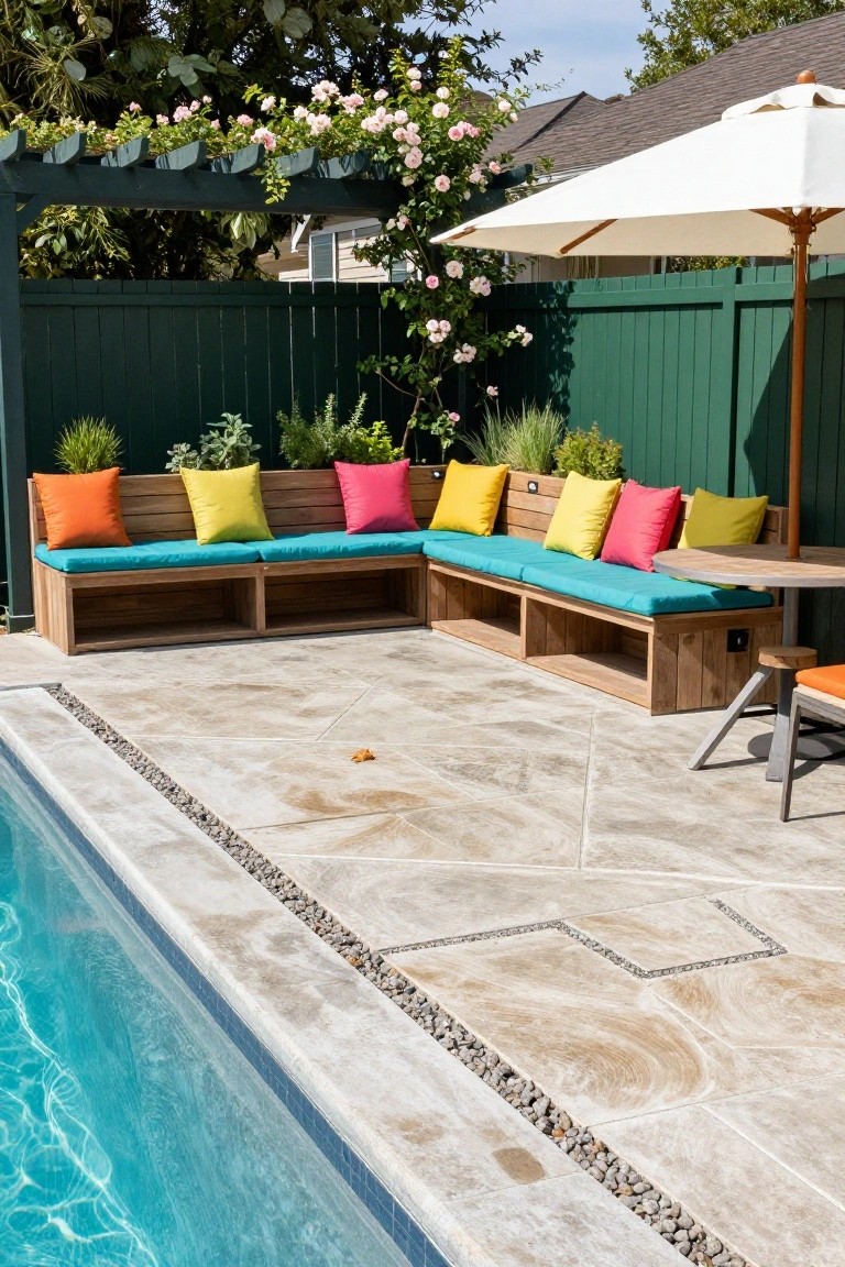 19 Smart Pool Deck on a Budget Ideas That Look Expensive L-shaped wooden bench with built-in storage and colorful cushions positioned along the edge of a pool deck, with potted plants, a round table, white umbrella, and green fence in the background.