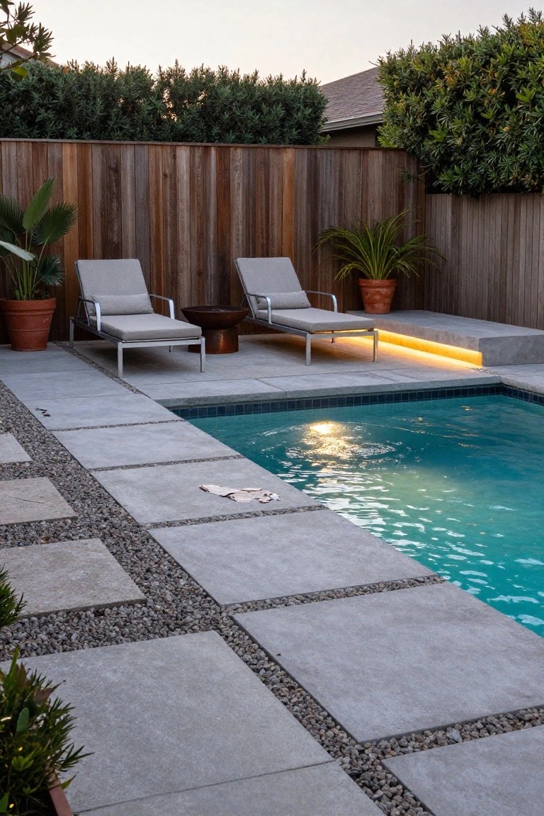 19 Smart Pool Deck on a Budget Ideas That Look Expensive Gray concrete pavers with pebble-filled borders surround a lit turquoise pool, flanked by lounge chairs, potted plants, and a wooden fence.