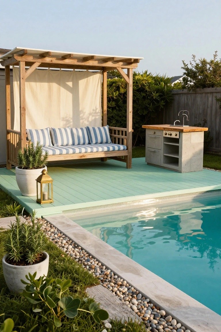19 Smart Pool Deck on a Budget Ideas That Look Expensive Pool deck with wooden pergola sheltering a blue-striped bench seat and potted rosemary, concrete block kitchen island with wood top and sink next to turquoise pool edged in pebbles and plants.