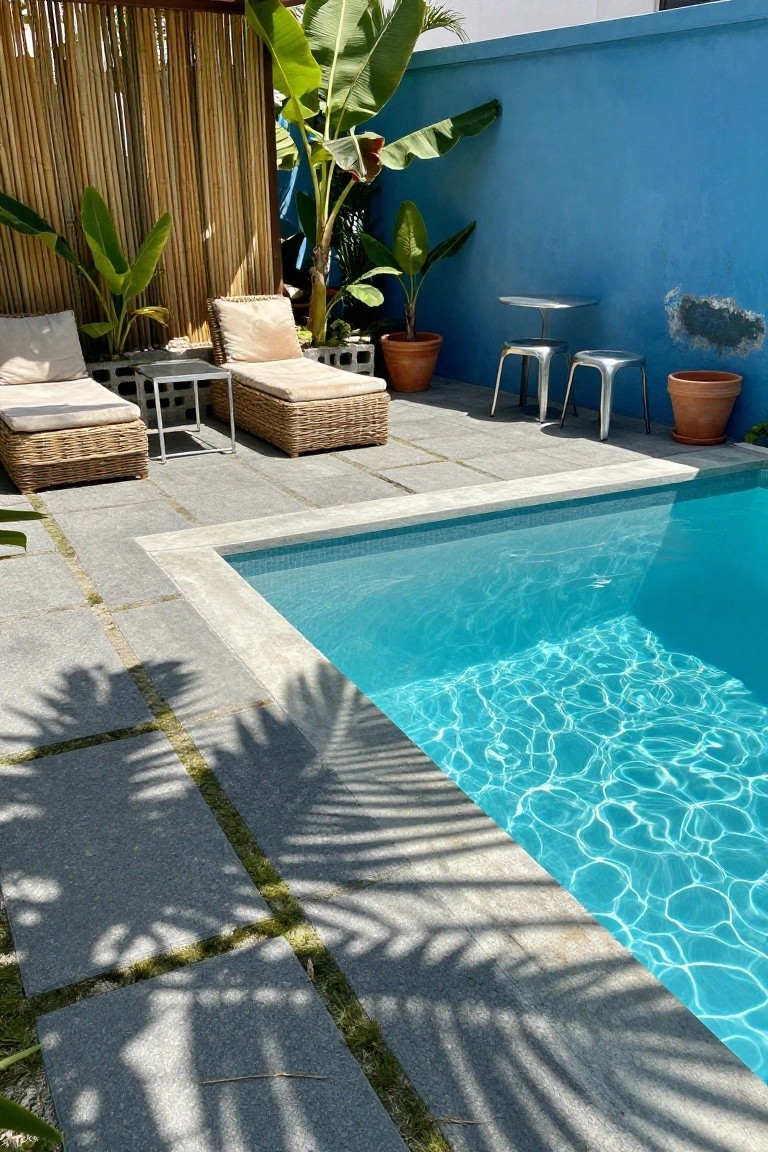 19 Smart Pool Deck on a Budget Ideas That Look Expensive Corner of a small turquoise pool with dark grey tiled deck, two beige rattan lounge chairs on a side table, two metal stools and round table, potted plants and banana trees near a blue wall and bamboo screen.
