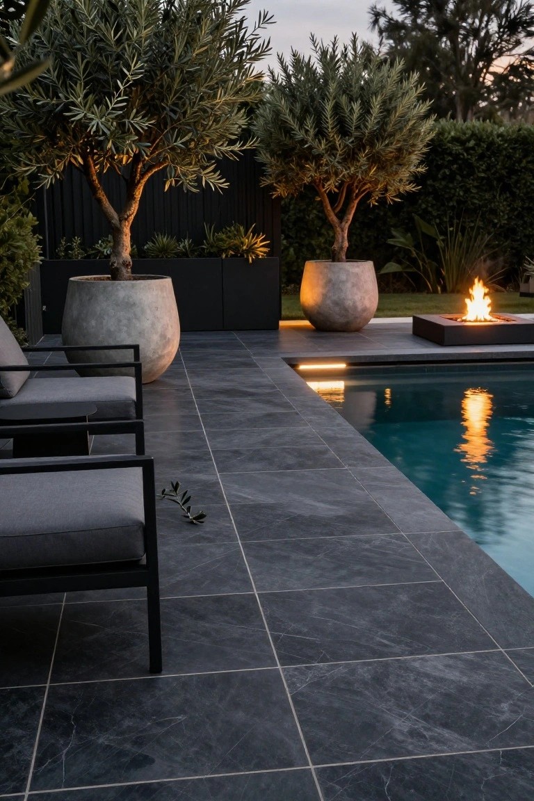 19 Smart Pool Deck on a Budget Ideas That Look Expensive Pool deck paved in large dark gray marbled tiles edged by a swimming pool, with black metal lounge chairs, large potted olive trees, a square fire pit, and landscape plants at dusk.
