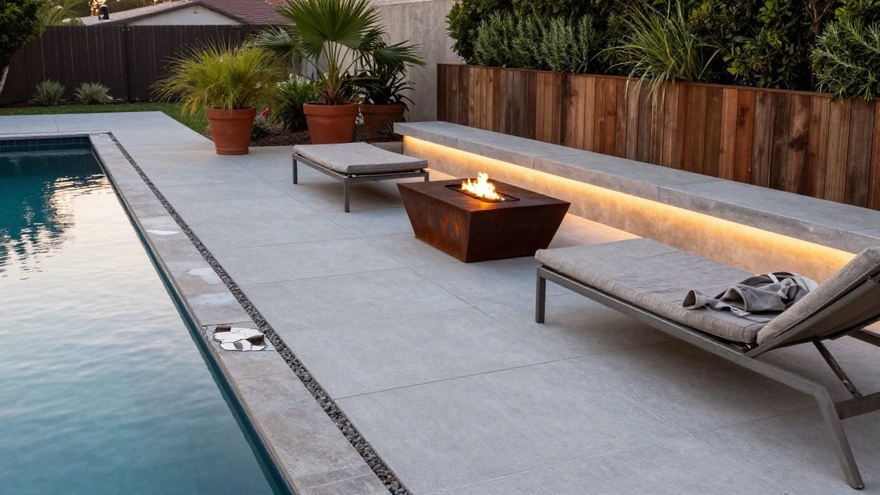 Gray concrete pavers with pebble-filled borders surround a lit turquoise pool, flanked by lounge chairs, potted plants, and a wooden fence.