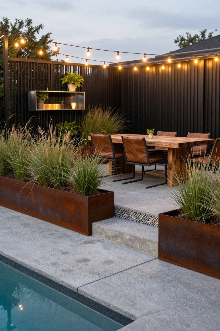 19 Smart Pool Deck on a Budget Ideas That Look Expensive Pool deck area featuring a wooden dining table with leather chairs, surrounded by large rectangular corten steel planters filled with tall grasses, a black slatted fence, string lights overhead, and the pool edge nearby at dusk.
