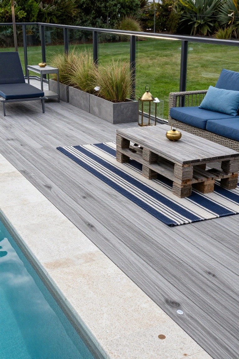 19 Smart Pool Deck on a Budget Ideas That Look Expensive Pool deck with gray wood planks, frameless glass railing, blue lounge chair and sofa with cushions, repurposed wooden pallet coffee table with gold teapot, striped outdoor rug, tall grass planters, and edge of turquoise pool.