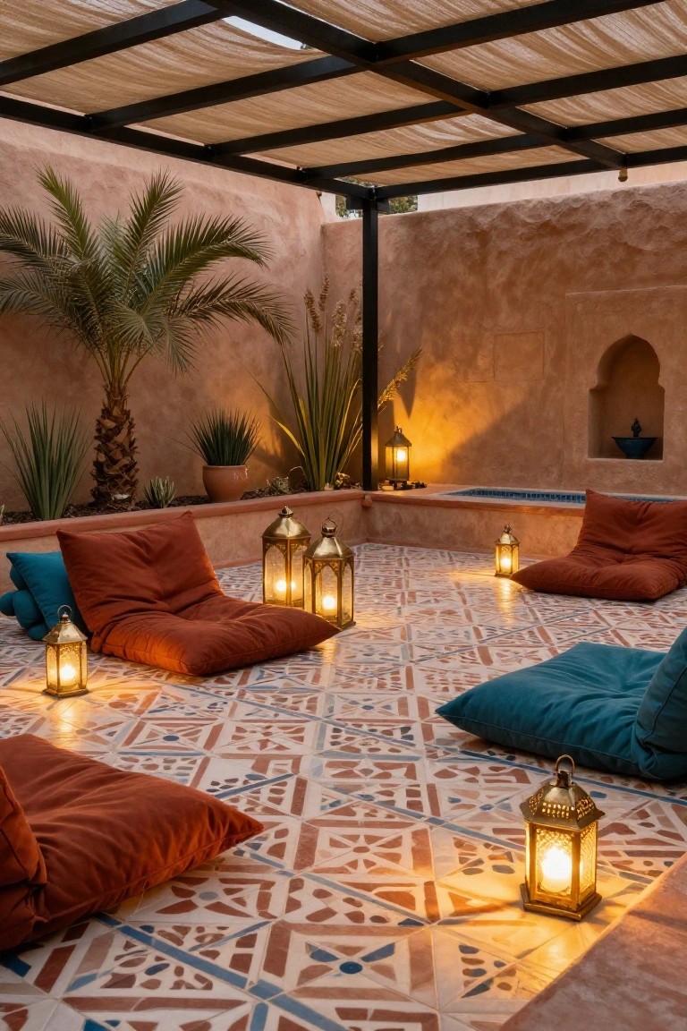 19 Smart Pool Deck on a Budget Ideas That Look Expensive Outdoor pool deck with ornate patterned tiles, arranged rust and teal floor cushions, multiple lit brass lanterns, potted plants and palm trees, small blue pool, under fabric canopy against textured walls.