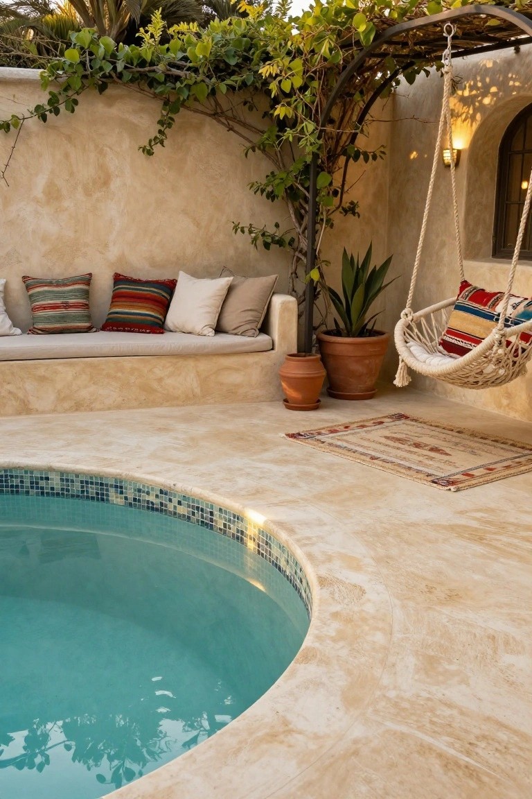19 Smart Pool Deck on a Budget Ideas That Look Expensive Curved turquoise pool with beige mosaic tile edging and surrounding deck, next to beige stucco built-in benches topped with colorful patterned cushions, potted plants, a woven hammock swing, and vine-covered metal pergola against a beige arched wall.