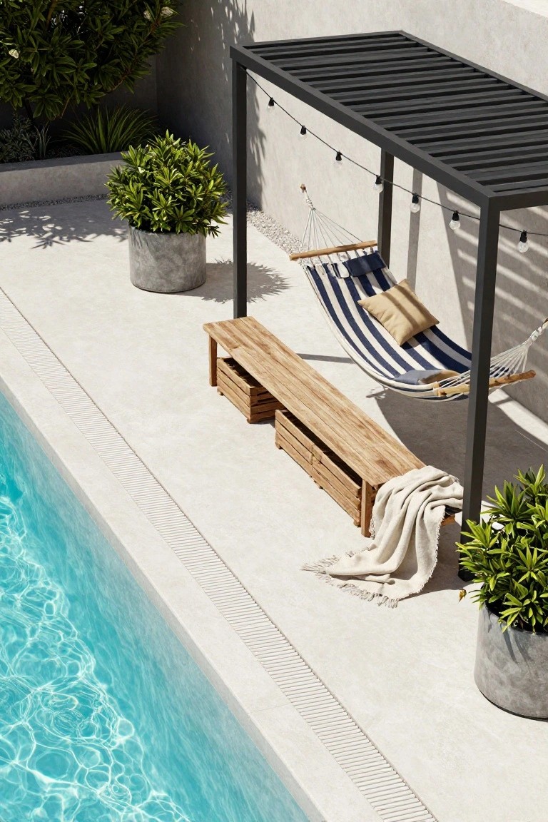 19 Smart Pool Deck on a Budget Ideas That Look Expensive A turquoise pool edged in white with a concrete deck nearby, featuring a black slatted pergola shading a blue-and-white striped hammock and a wooden bench with storage drawers, surrounded by potted green plants and string lights.