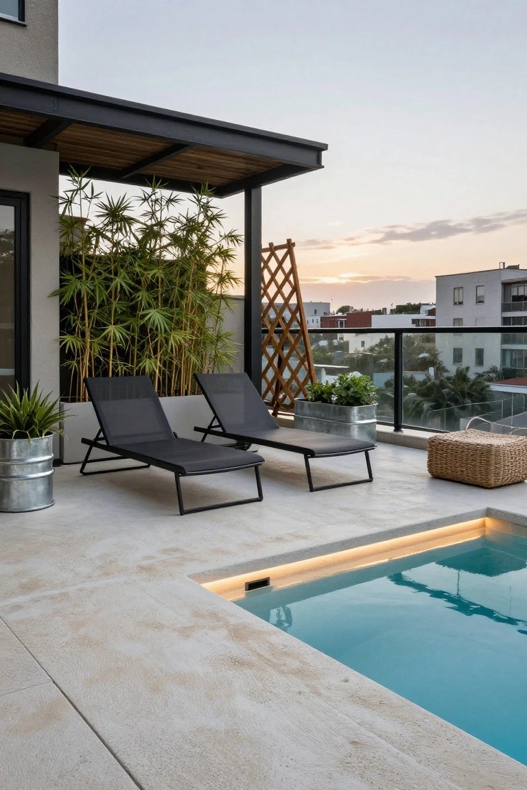 19 Smart Pool Deck on a Budget Ideas That Look Expensive Rooftop terrace with two adjacent black mesh lounge chairs next to a small rectangular turquoise pool featuring LED edge lighting, galvanized metal planters with plants, bamboo privacy screen, and city skyline view at sunset.