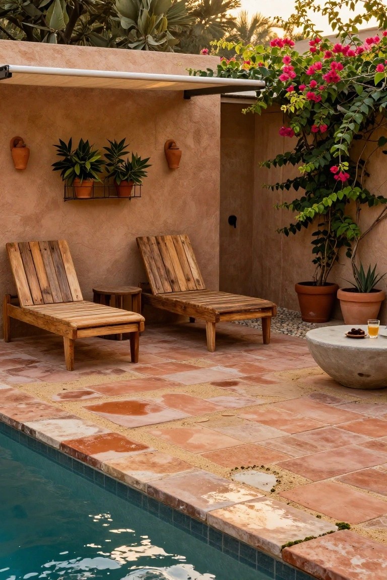 19 Smart Pool Deck on a Budget Ideas That Look Expensive Two wooden lounge chairs made from pallet planks on a terracotta tiled pool deck next to a turquoise pool, with potted plants, a stone table, and bougainvillea vines nearby.