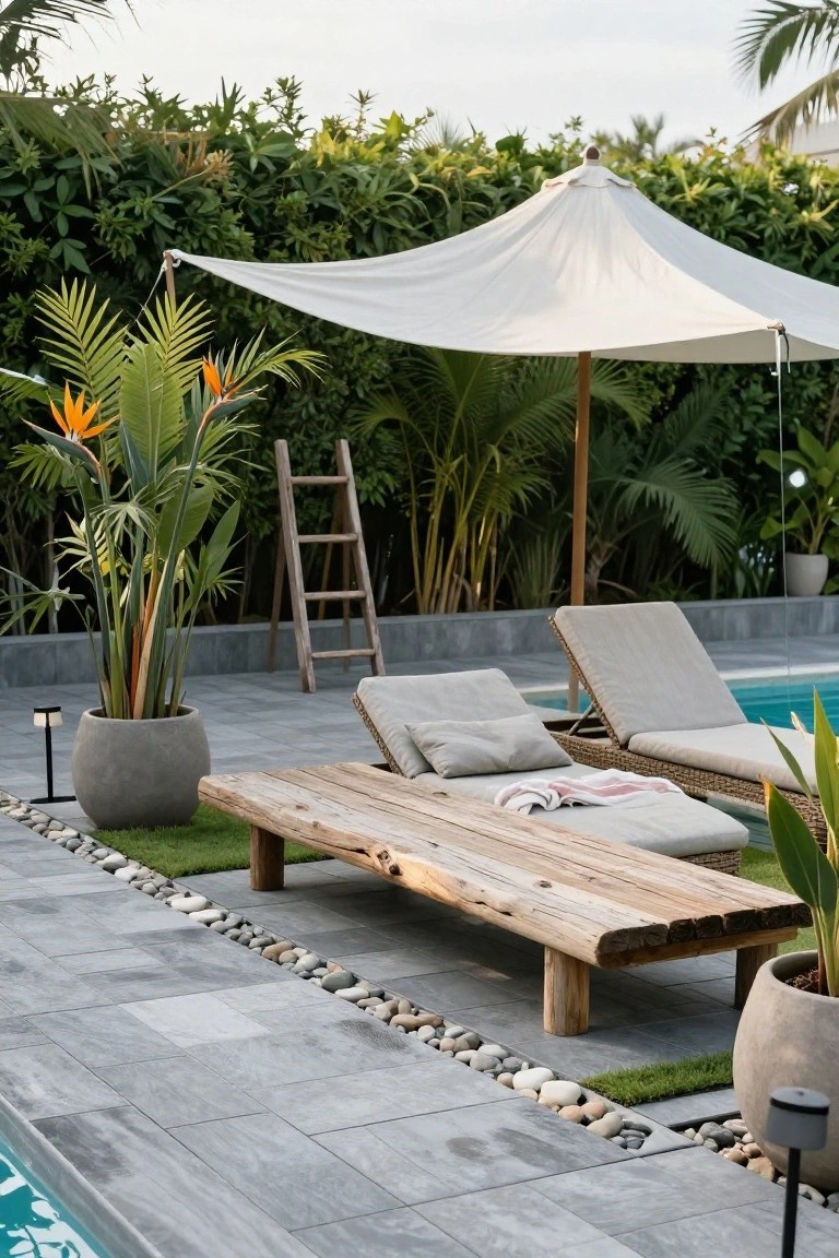 19 Smart Pool Deck on a Budget Ideas That Look Expensive Pool deck with gray stone pavers, low rustic wooden bench with cushions and towels, rattan loungers, potted palms and bird of paradise plants, white umbrella, pebble edging, and edge of swimming pool.