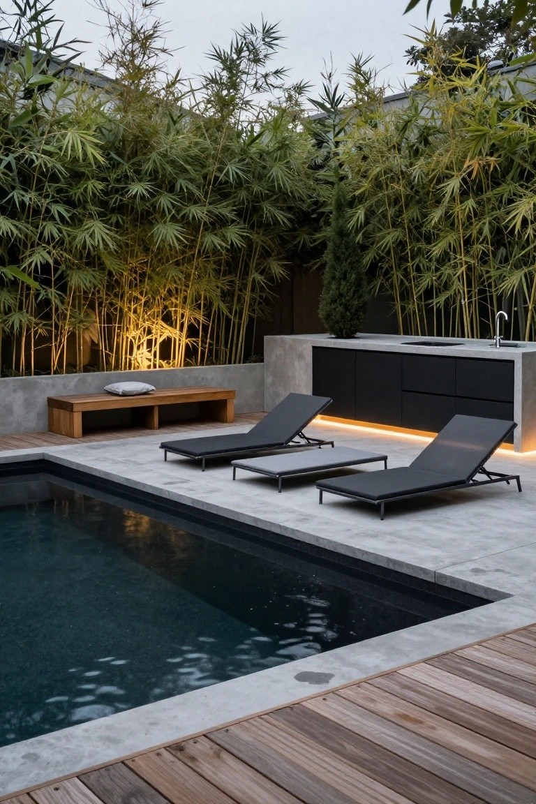 Semi-inground rectangular pool with dark water, surrounded by grey concrete decking and wood accents, featuring three black sun loungers, a wooden bench with pillow, black cabinet outdoor kitchen with sink, and tall bamboo screens in the background.