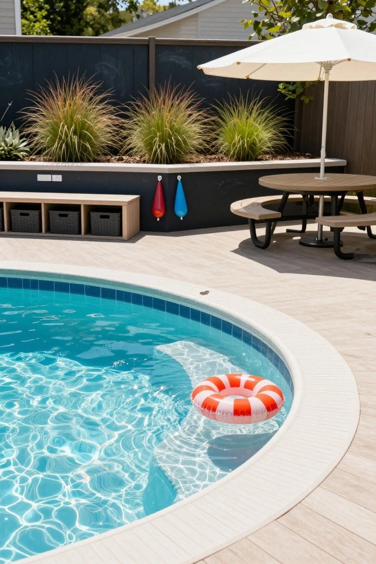 Curved turquoise semi-inground pool with orange and white inflatable ring floating in it, edged by light wood decking, adjacent to a round picnic table, benches, potted grasses, towels on a wall, and a white umbrella near a dark fence.
