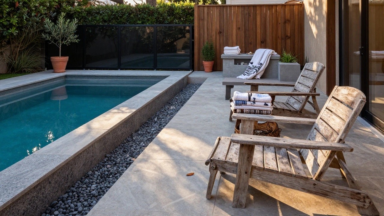 Narrow turquoise semi-inground pool with light speckled stone coping adjacent to green lawn, wooden lounge chairs with blankets, stacked towels, concrete fire pit, potted olive trees, and black-framed sliding glass doors to white house wall.