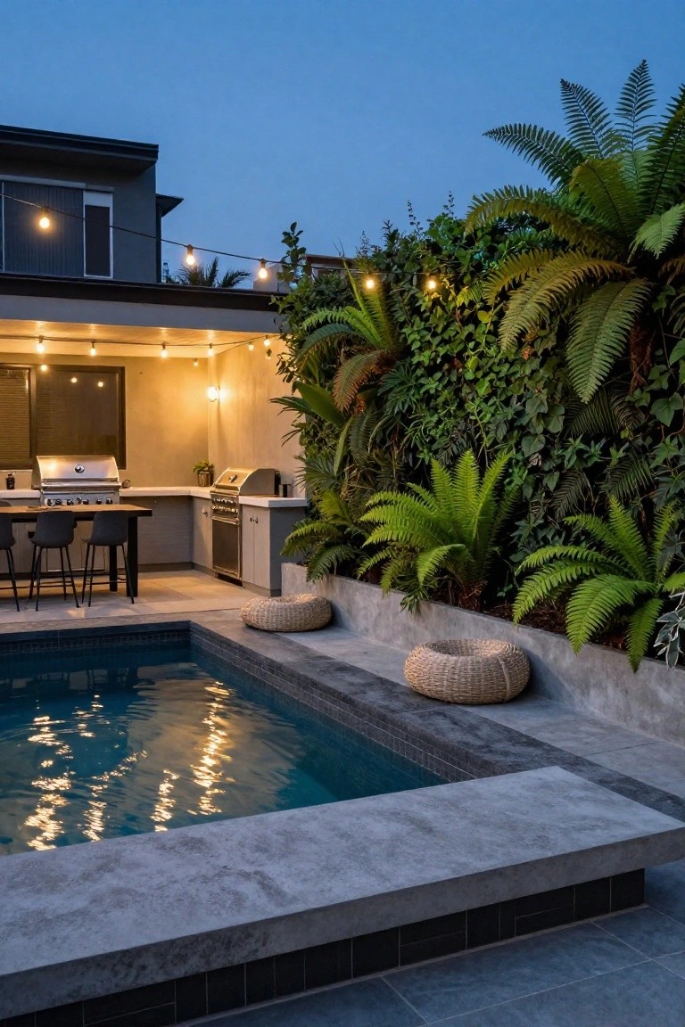 Semi-inground pool with dark tiled interior and concrete raised edging in a backyard, next to an outdoor kitchen featuring two barbecues, a countertop with two black stools, lush green fern walls along the fence, woven poufs on the pool ledge, and string lights overhead at dusk.
