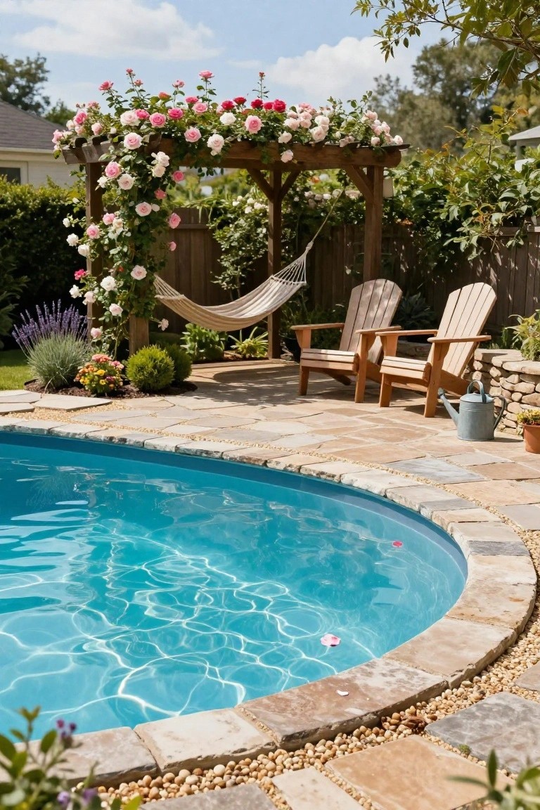 Curved semi-inground pool with turquoise water and stone paver edging, next to a wooden pergola draped in pink and white climbing roses, featuring a beige hammock and two wooden Adirondack chairs on the patio surrounded by plants and shrubs.