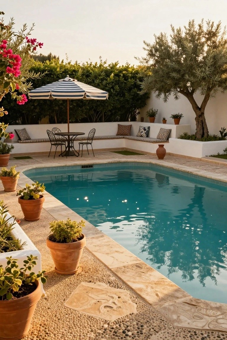 Turquoise semi-inground pool with beige stone edging, built-in white benches with patterned cushions and pillows, small round metal table with two chairs under blue-and-white striped umbrella, surrounded by terracotta pots with plants, white walls, olive tree, and greenery in a backyard.