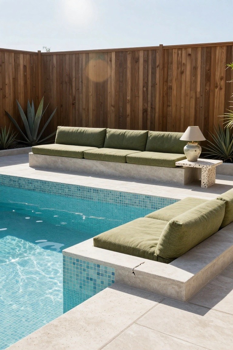 Semi-inground pool with turquoise mosaic tiles and built-in concrete benches holding green cushions along the edge, next to a wooden fence, agave plants, and a lamp on a side table.